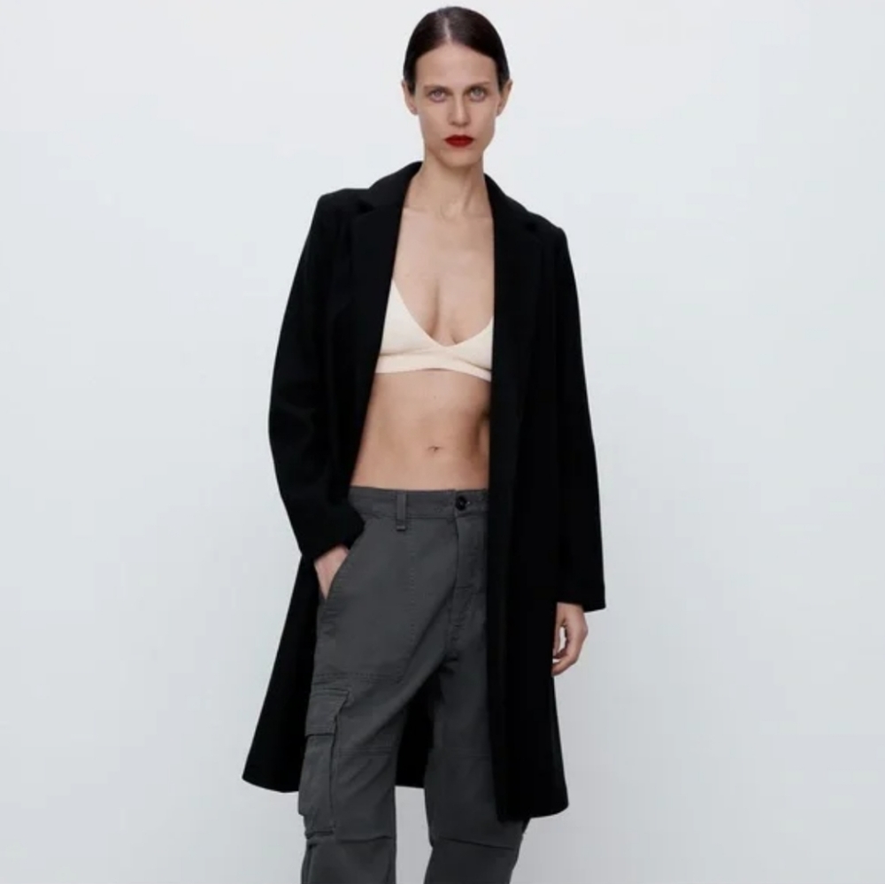 Zara Small Black Open Front Lapel Collar Coat Long Sleeve Womens Midi Jacket